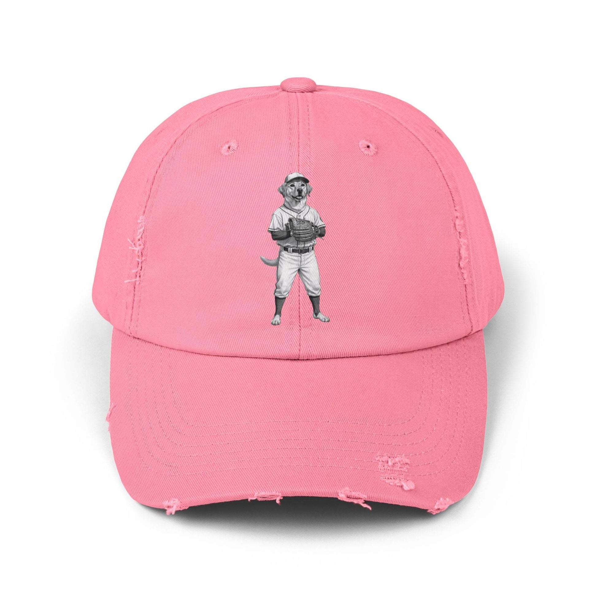 Distressed Baseball Cap with Vintage Baseball Dog Graphic
