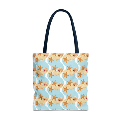 Seashell & Starfish Beach Tote Bag with coastal pattern, perfect for summer outings.
