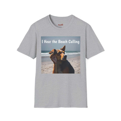 Dog Lovers Unisex Softstyle T-Shirt with beach theme and dog illustration.