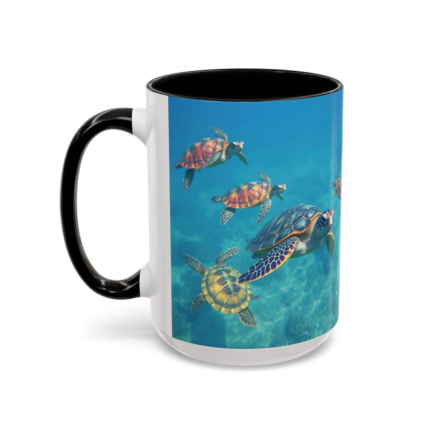 Ocean-Inspired Turtle Accent Coffee Mug with vibrant turtle design, available in 11oz and 15oz sizes, featuring a glossy finish.