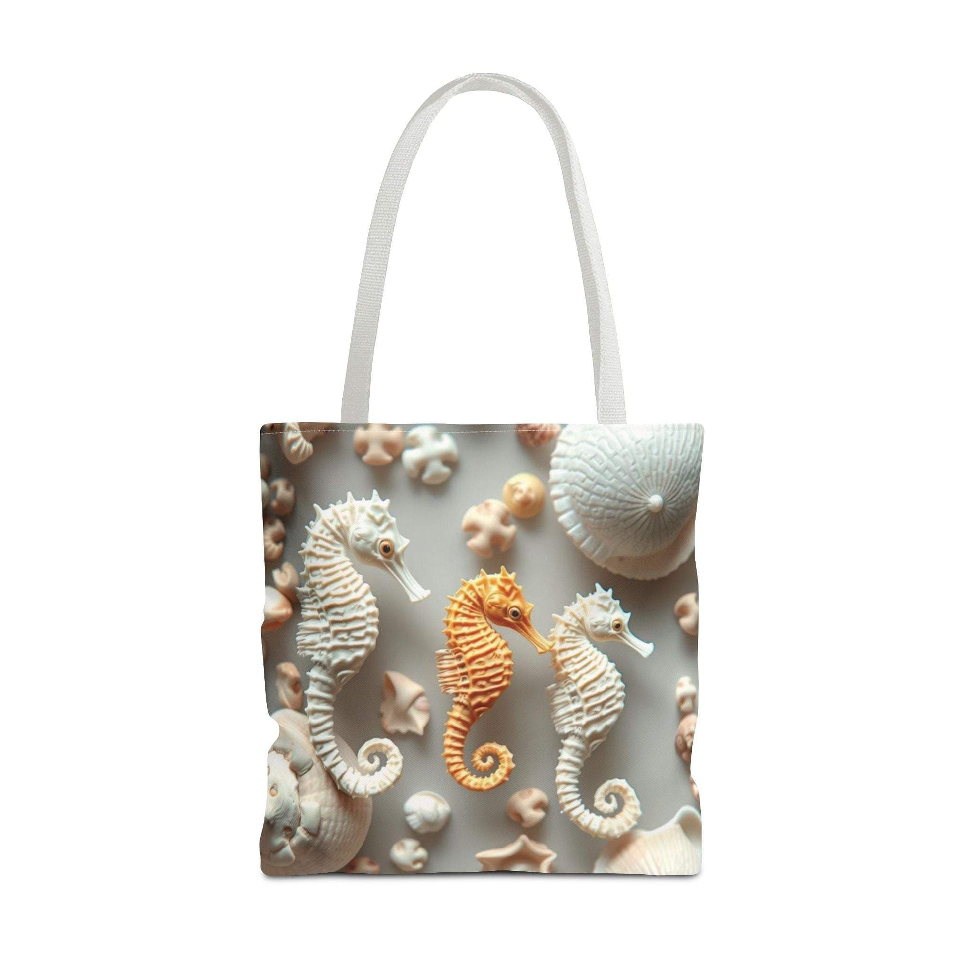 Seahorse-themed beach tote bag with vibrant seahorse designs on a soft background.
