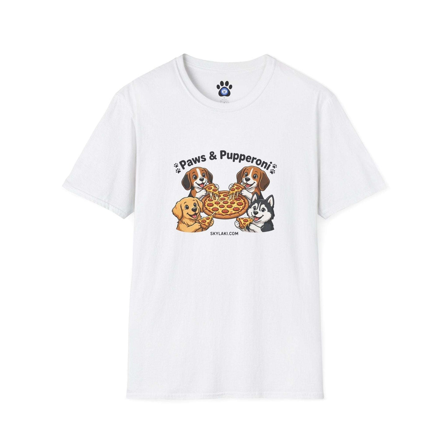 Unisex dog pizza shirt with four pups sharing pepperoni pizza