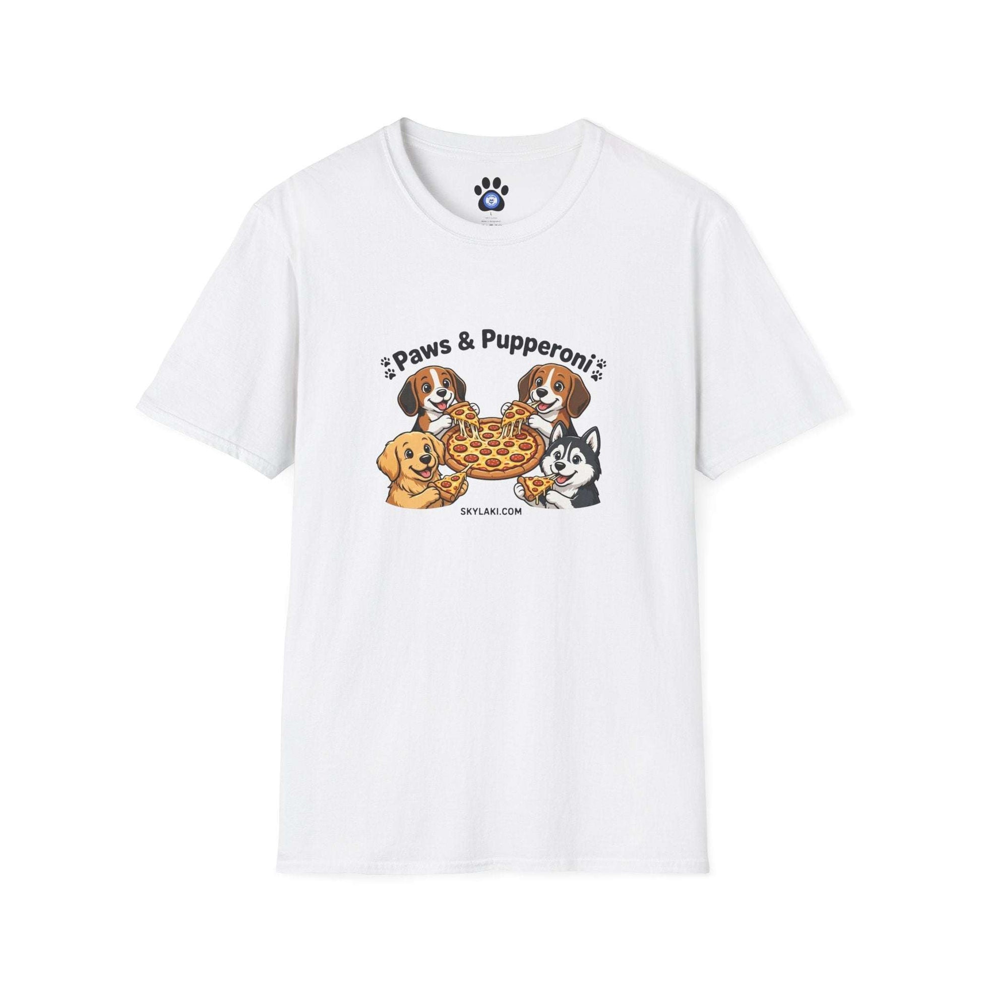 Unisex dog pizza shirt with four pups sharing pepperoni pizza