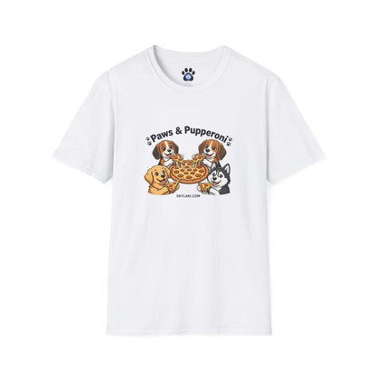 Unisex dog pizza shirt with four pups sharing pepperoni pizza