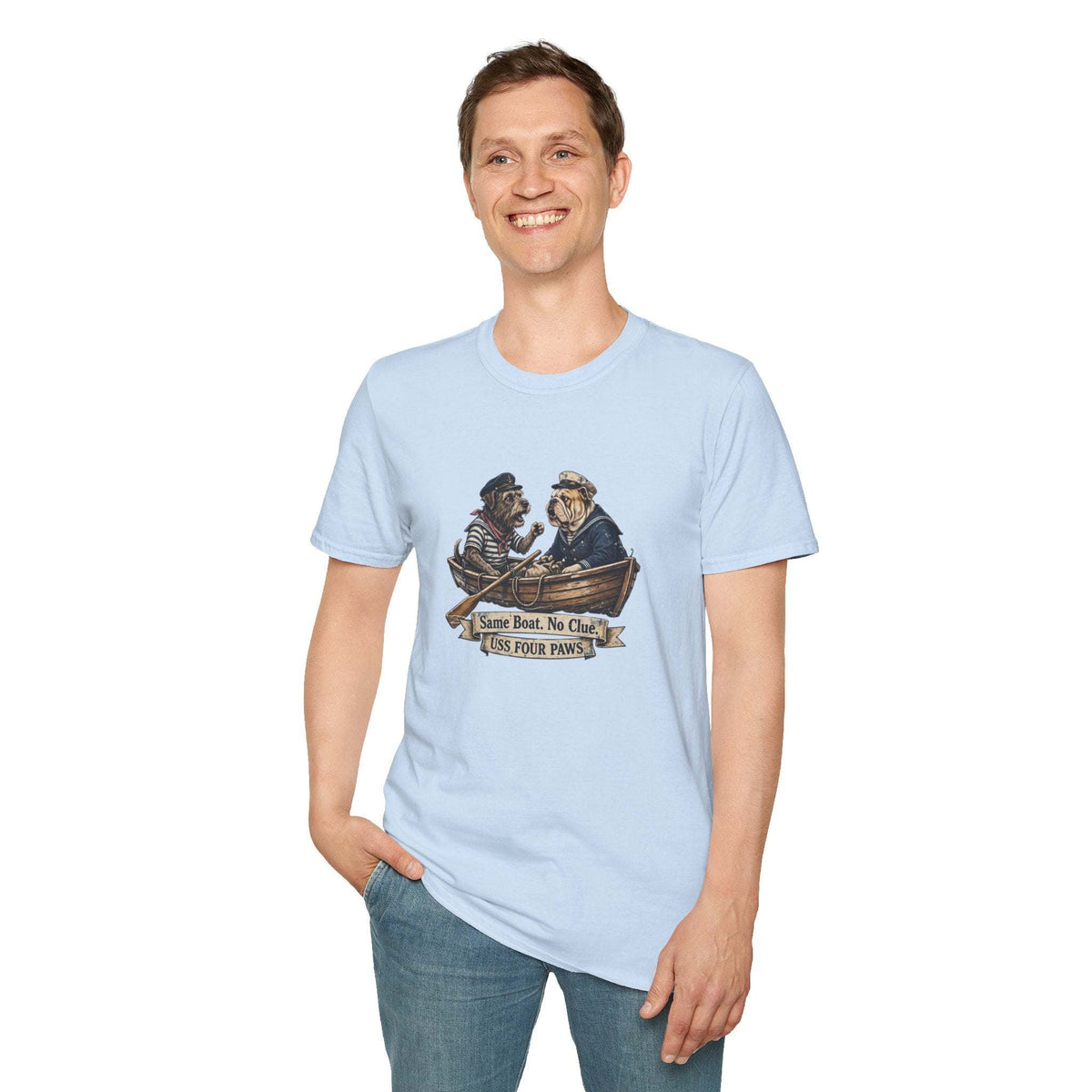 Two Old Salts Dog Shirt light blue cotton T-shirt featuring two dogs in a rowboat with a banner