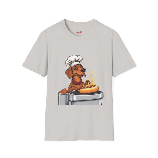 Unisex t-shirt with whimsical hot dog chef design, perfect for pet lovers.