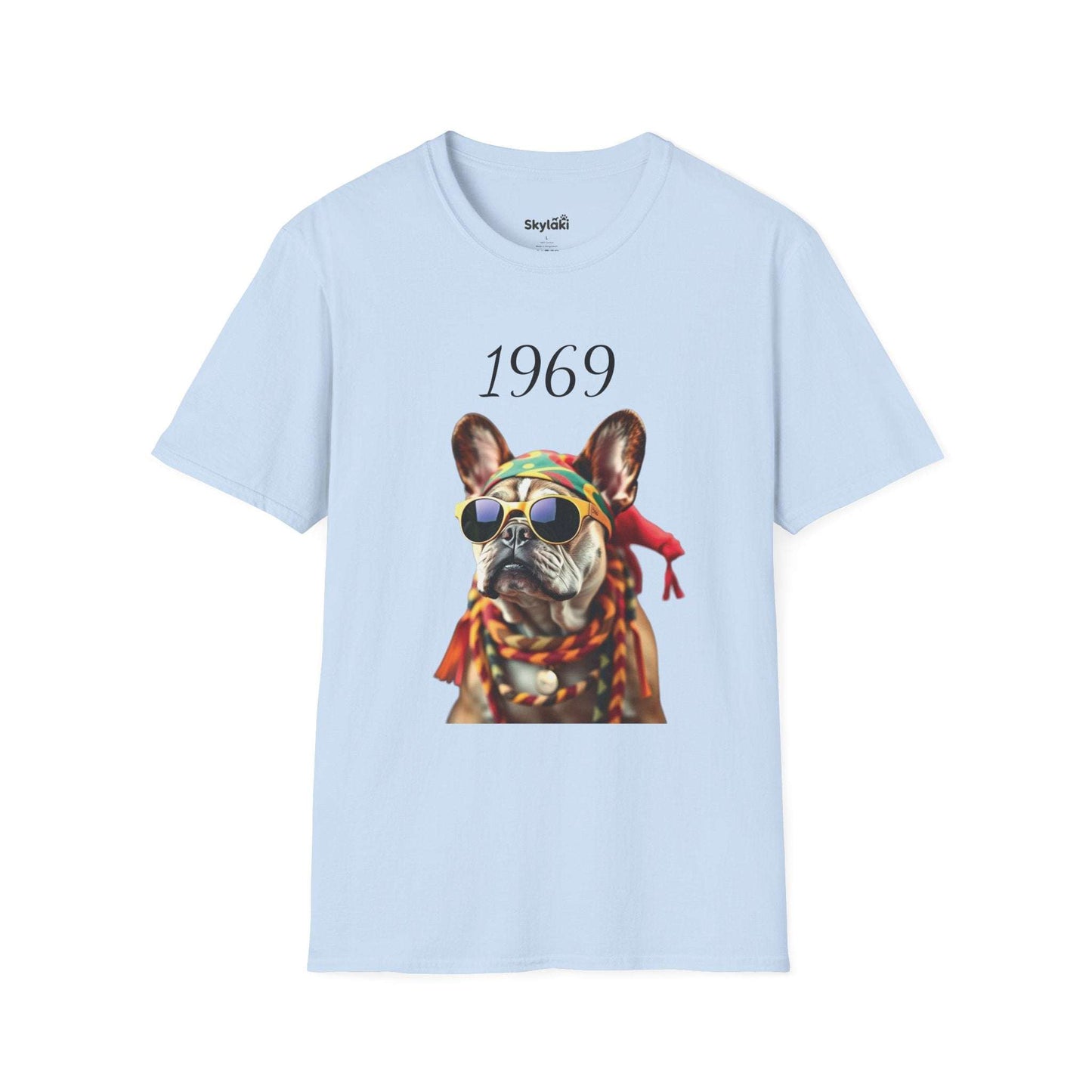 Vintage T shirt featuring a colorful 1969 retro French bulldog portrait with sunglasses on lightweight cotton tee