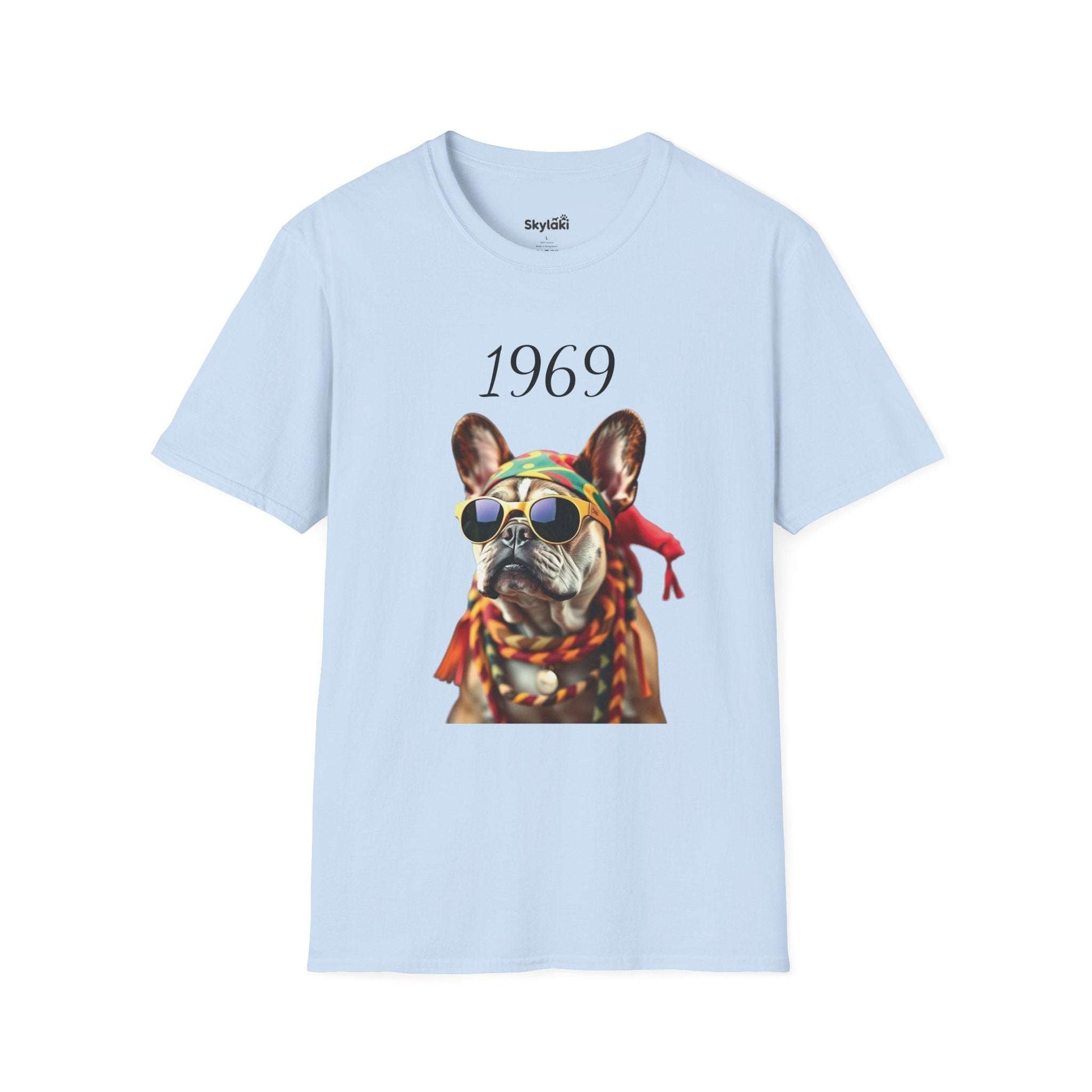 Vintage T shirt featuring a colorful 1969 retro French bulldog portrait with sunglasses on lightweight cotton tee