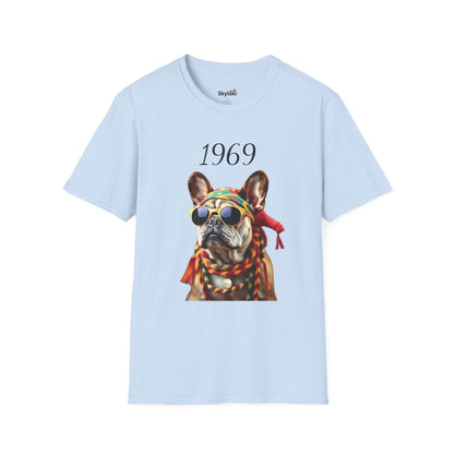 Vintage T shirt featuring a colorful 1969 retro French bulldog portrait with sunglasses on lightweight cotton tee