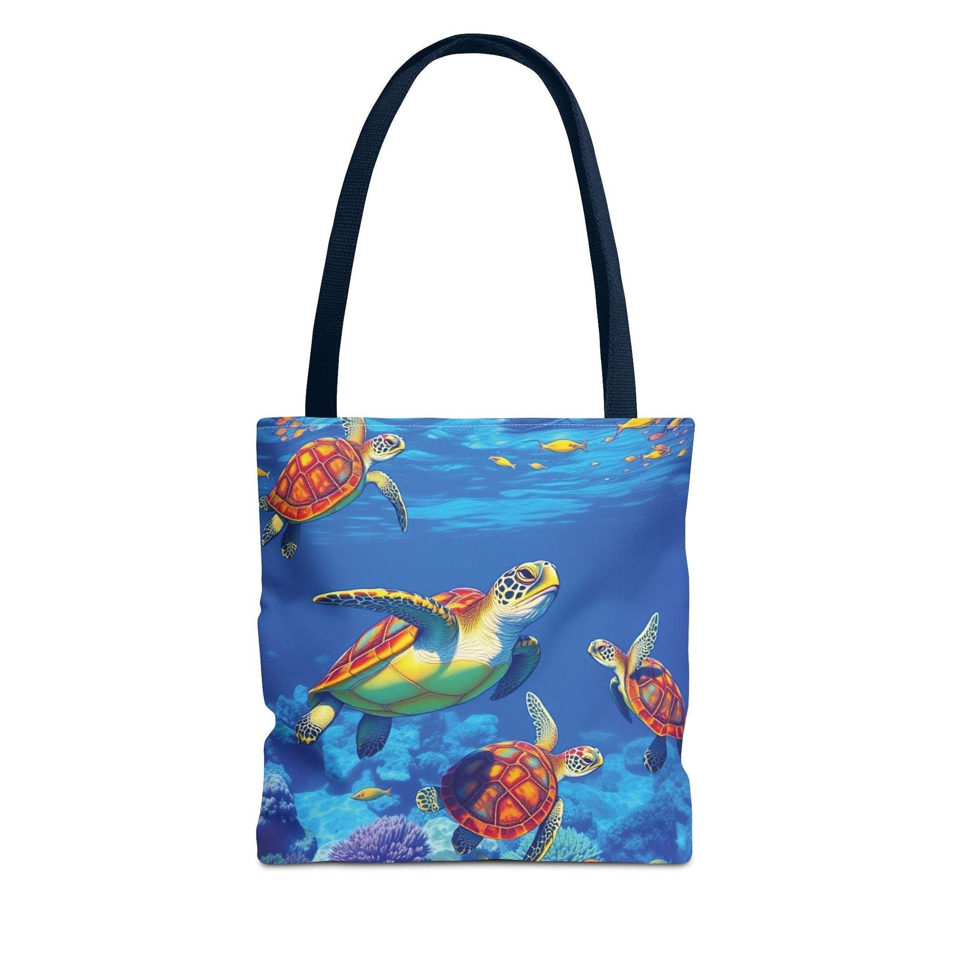 Colorful ocean-themed tote bag with turtles and coral, perfect for beach trips and eco-friendly fashion.