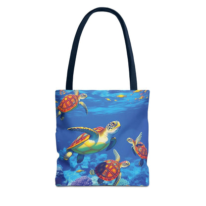 Colorful ocean-themed tote bag with turtles and coral, perfect for beach trips and eco-friendly fashion.