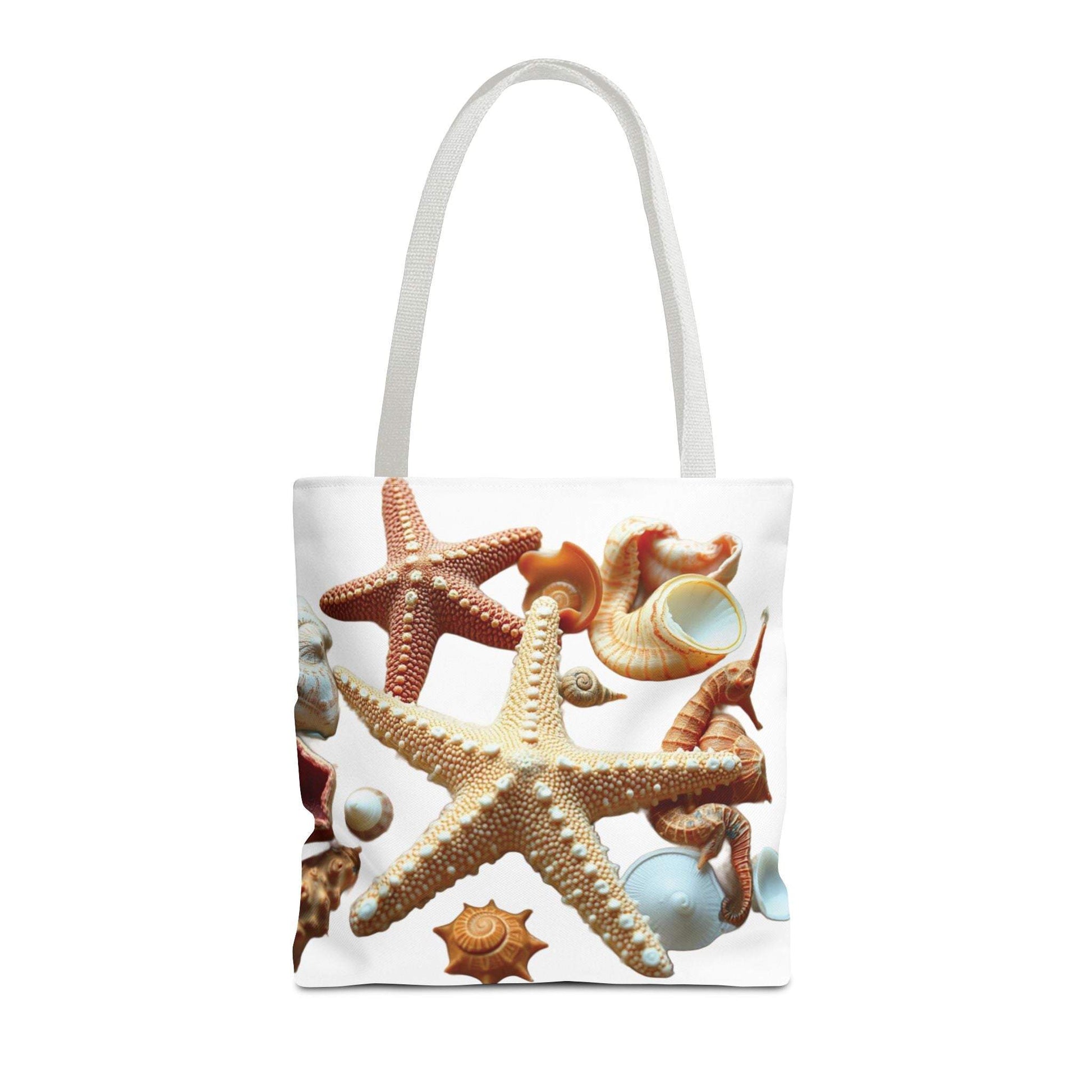 Beach tote bag with seashell and starfish design, durable polyester, perfect for summer outings.