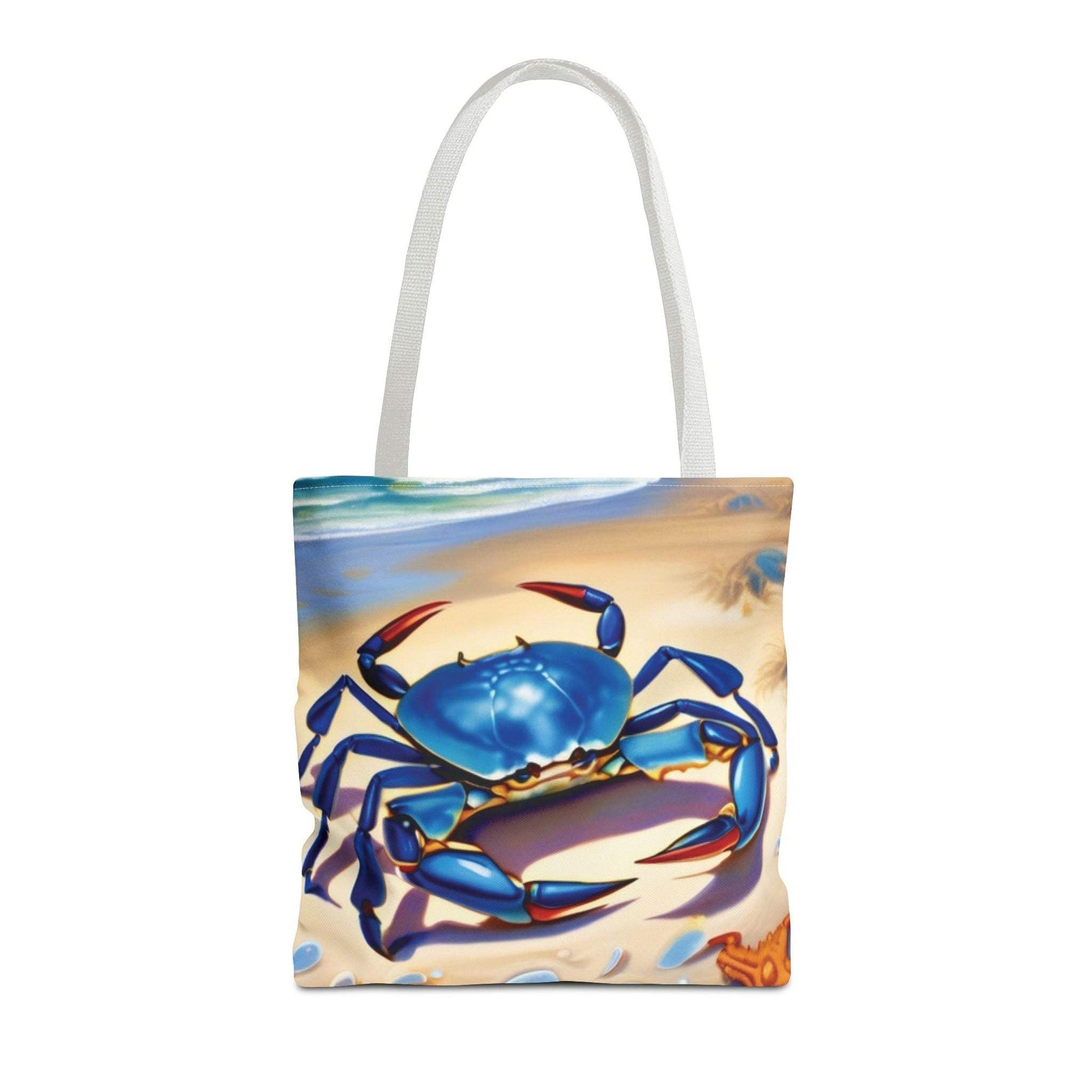 Ocean-inspired beach bag tote with vibrant blue crab and starfish design, ideal for marine enthusiasts.