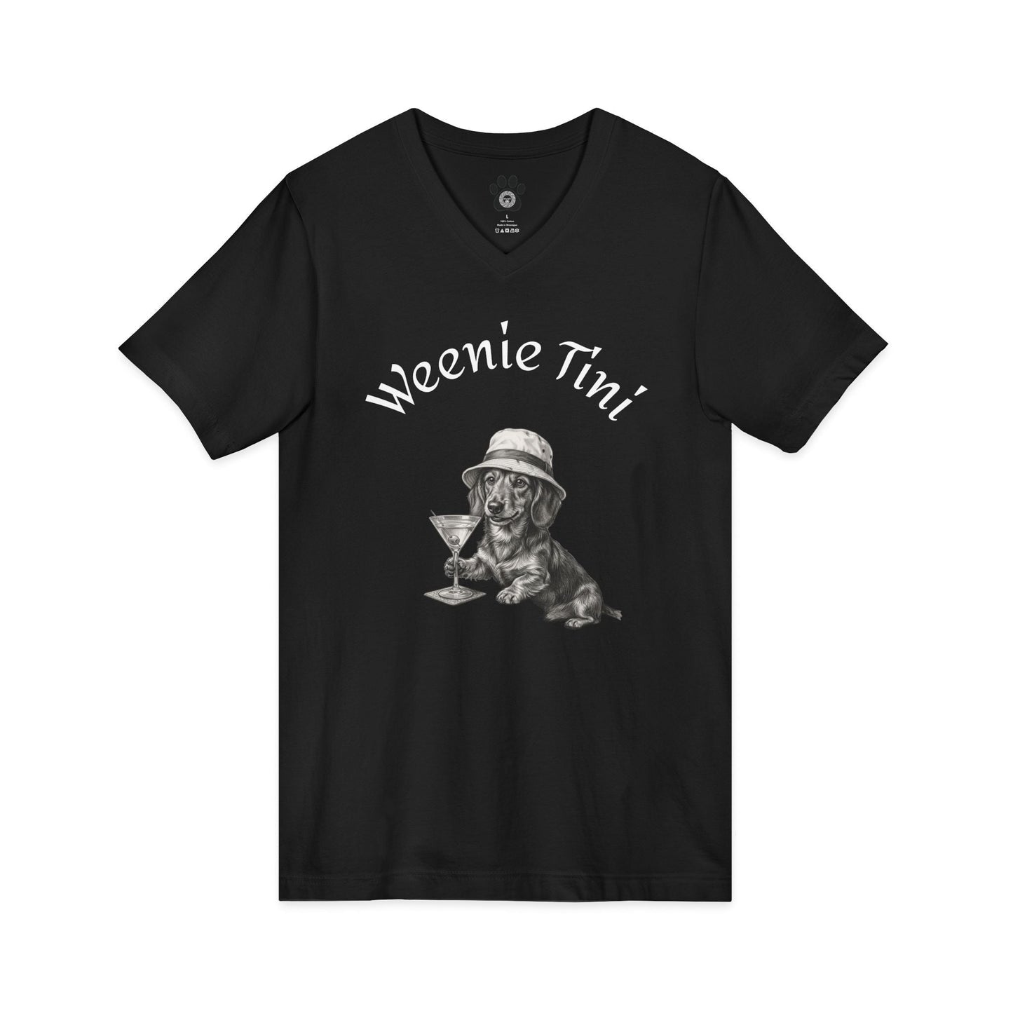 Unisex V-neck Weenie Tini Shirt with playful dachshund and martini glass graphic