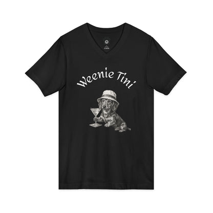 Unisex V-neck Weenie Tini Shirt with playful dachshund and martini glass graphic
