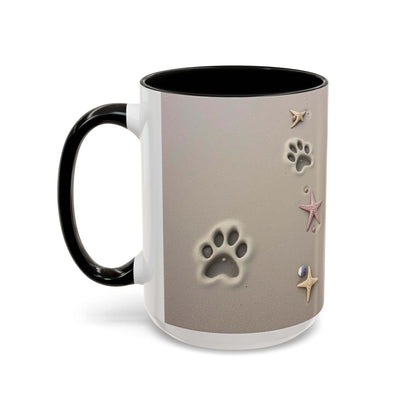 Nautical coffee mug with starfish and paw prints, perfect for beach lovers.