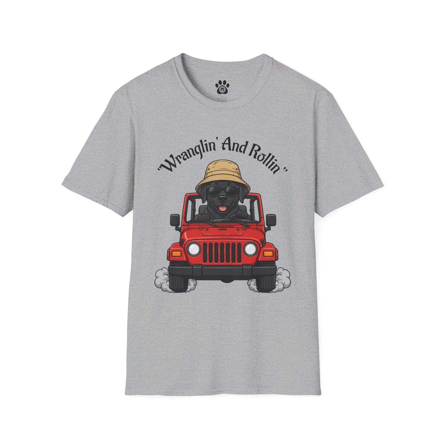 Unisex dog t-shirt with playful road-trip graphic of pup in red jeep and "Wranglin' And Rollin'" text