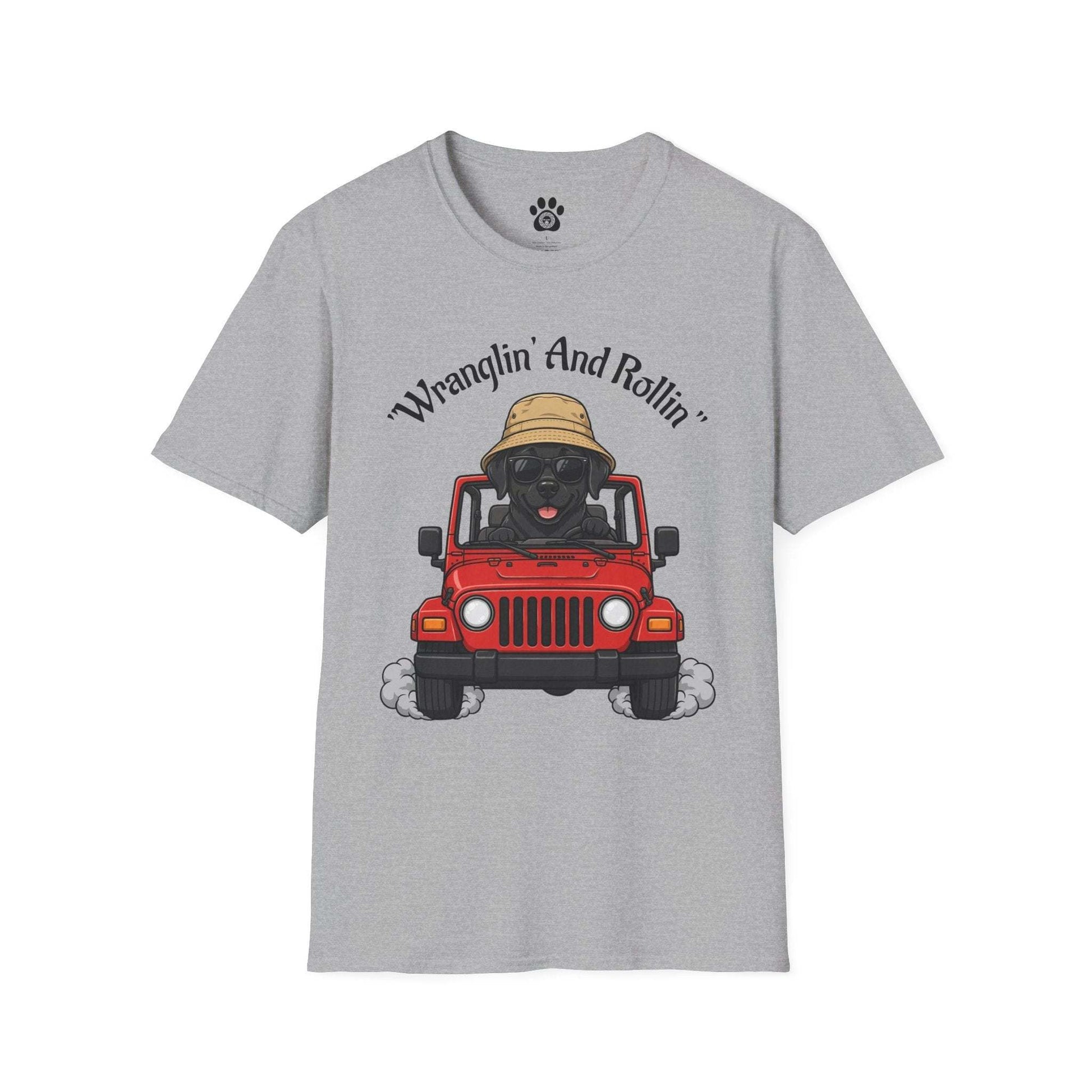 Unisex dog t-shirt with playful road-trip graphic of pup in red jeep and "Wranglin' And Rollin'" text