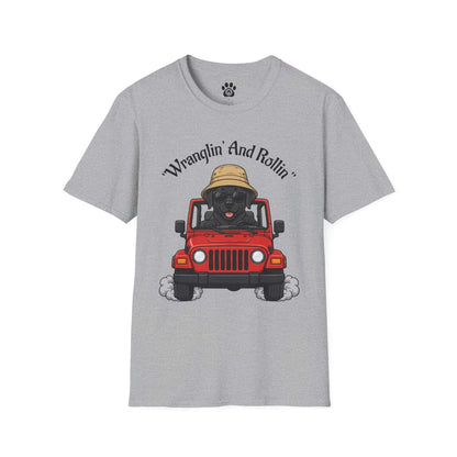 Unisex dog t-shirt with playful road-trip graphic of pup in red jeep and "Wranglin' And Rollin'" text