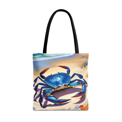Ocean-themed beach bag tote featuring a vibrant blue crab and starfish design.