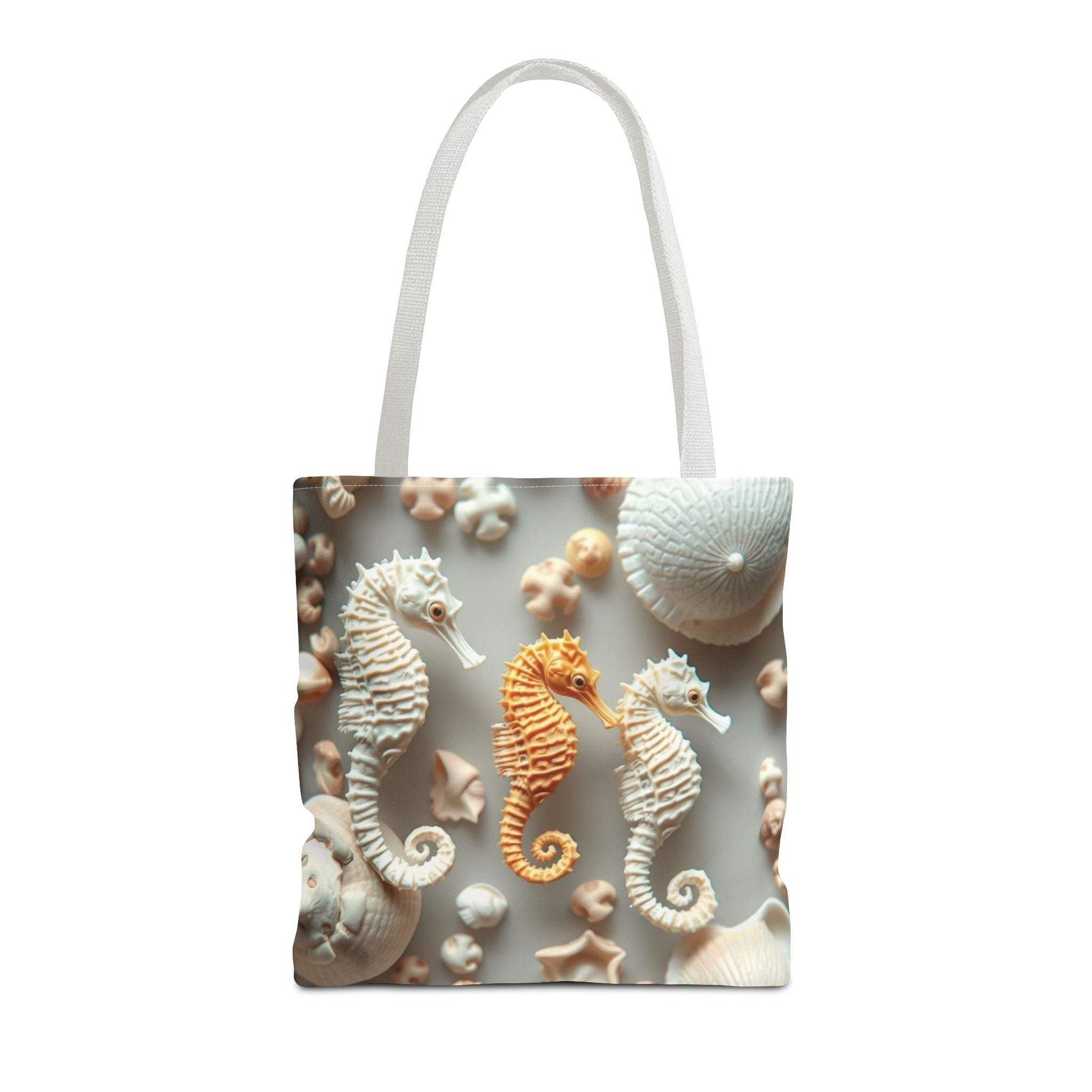 Seahorse-themed beach tote bag with vibrant seahorse imagery on a soft background, ideal for beach lovers.