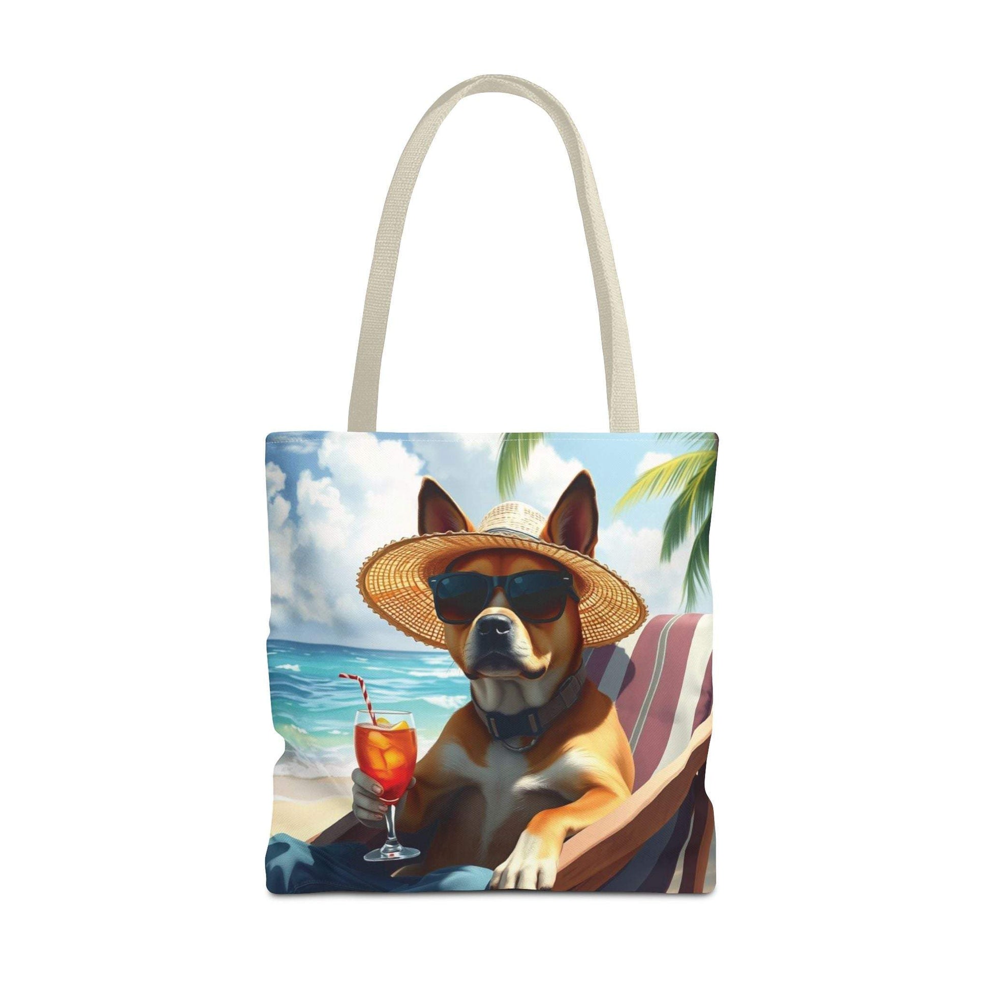 Dog tote bag with relaxing summer beach design featuring a dog with sunglasses and a drink.