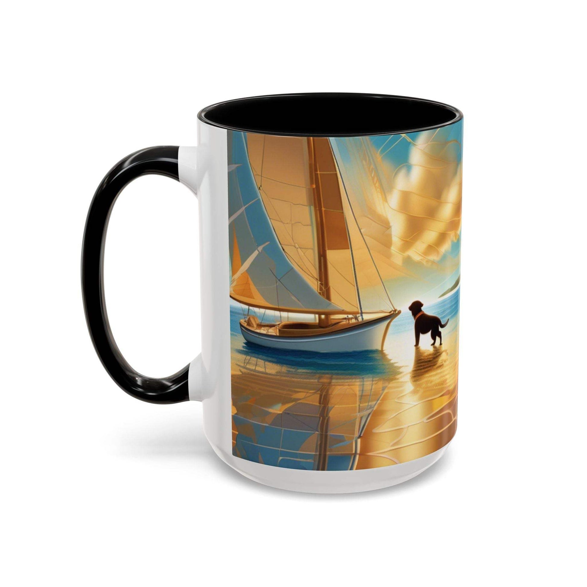 Serene Sunset Dog Lover's Mug with sailboat and dog artwork, available in 11oz and 15oz sizes.