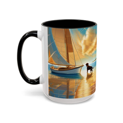 Serene Sunset Dog Lover's Mug with sailboat and dog artwork, available in 11oz and 15oz sizes.