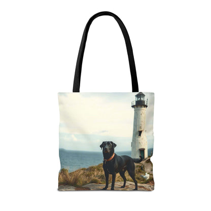 Coastal Canine Tote Bag featuring a dog by the lighthouse; ideal for dog lovers and beach outings.