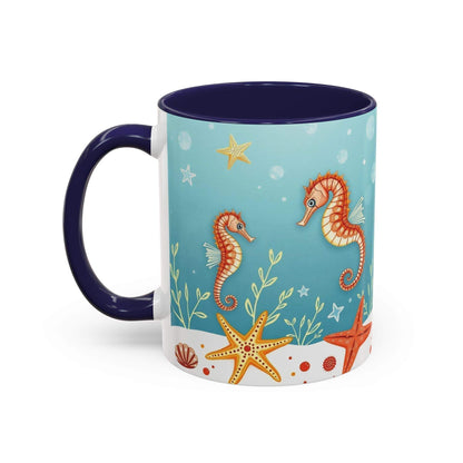 Ocean-themed accent coffee mug with seahorses and starfish design.