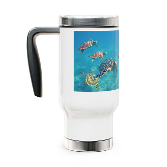 Stainless steel travel mug with handle, 14oz, glossy white enamel, featuring sea turtle design.