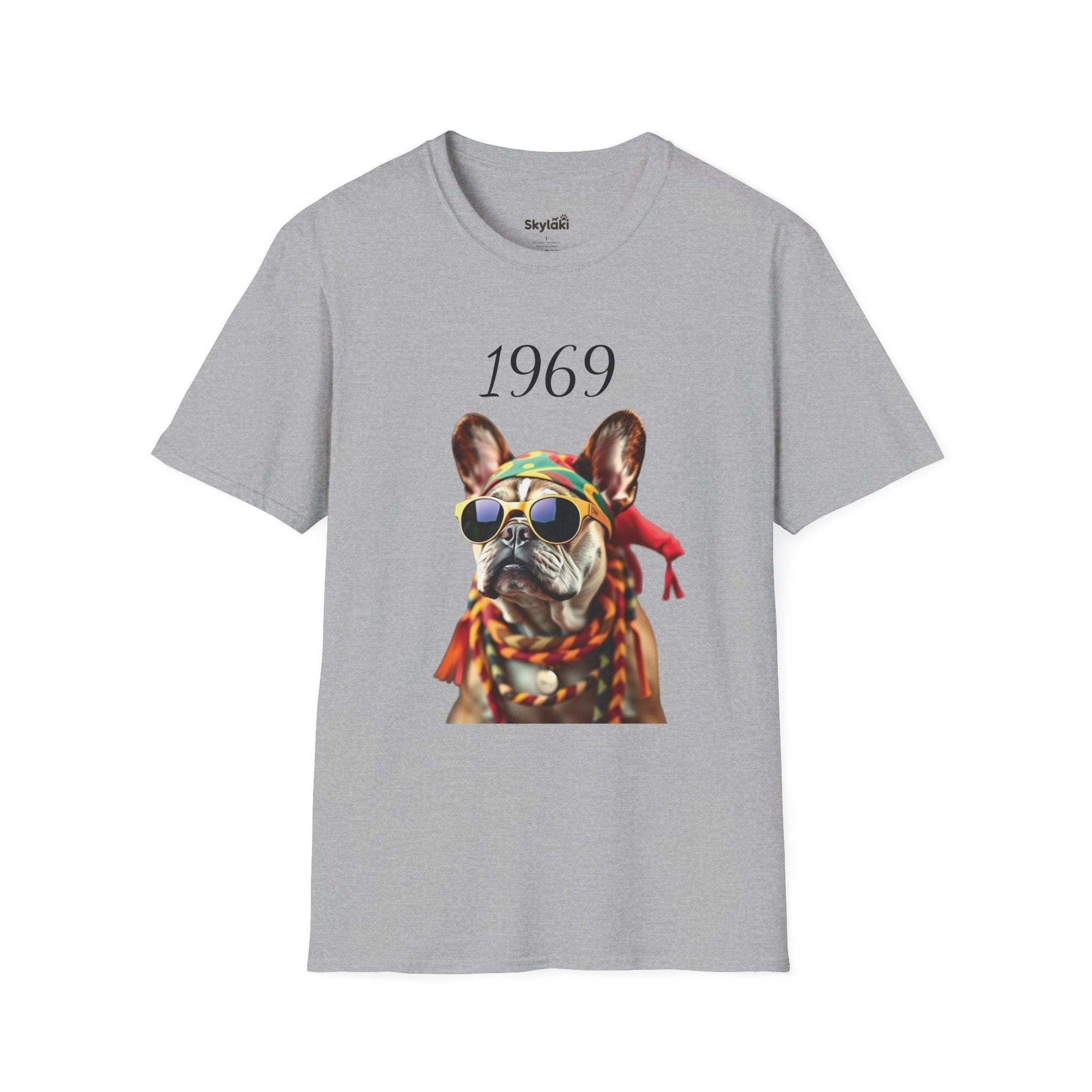 Vintage T shirt featuring a 1969 retro French bulldog with sunglasses and headscarf on lightweight cotton tee
