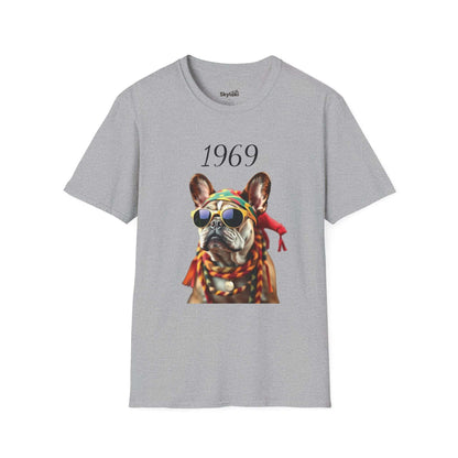 Vintage T shirt featuring a 1969 retro French bulldog with sunglasses and headscarf on lightweight cotton tee