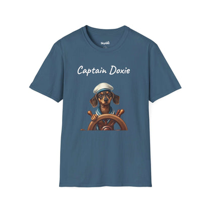 Captain Doxie Unisex Softstyle T Shirt with Nautical Dog Design