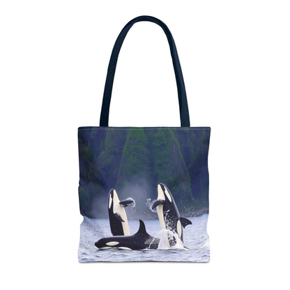 Eco-friendly tote bag featuring orca whales, ideal for shopping and casual outings.