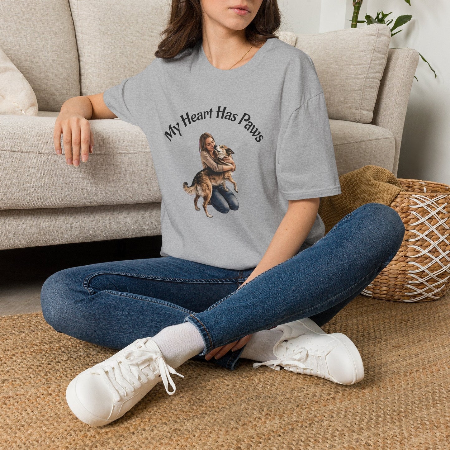 Dog Lover T-Shirt My Heart Has Paws graphic tee with tender dog embrace design on soft cotton fabric