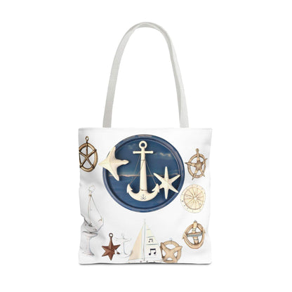 Nautical tote bag with anchor and star motif, featuring durable polyester fabric and stylish coastal design.