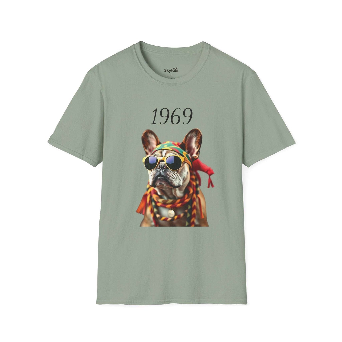 Vintage T shirt featuring a colorful 1969 retro French bulldog portrait with sunglasses on lightweight cotton tee