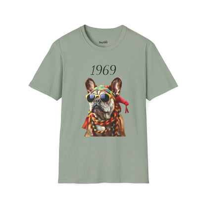 Vintage T shirt featuring a colorful 1969 retro French bulldog portrait with sunglasses on lightweight cotton tee