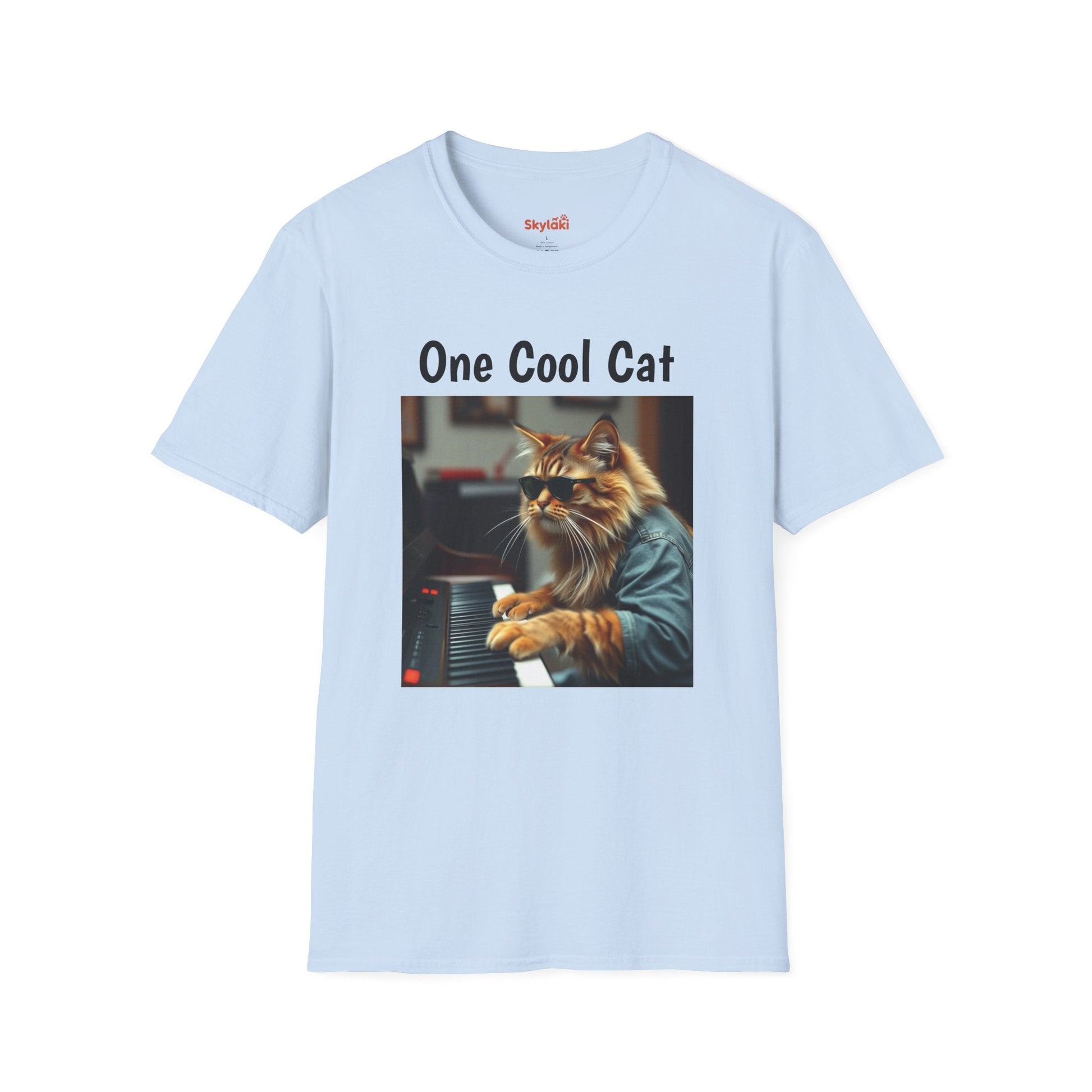 Unisex t-shirt with a fun, quirky design of a cool cat playing the piano; ideal gift for cat lovers.