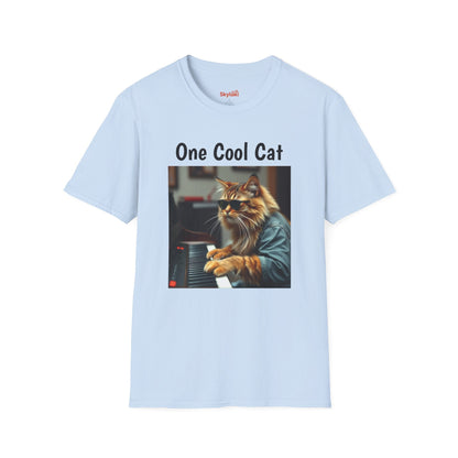 Unisex t-shirt with a fun, quirky design of a cool cat playing the piano; ideal gift for cat lovers.