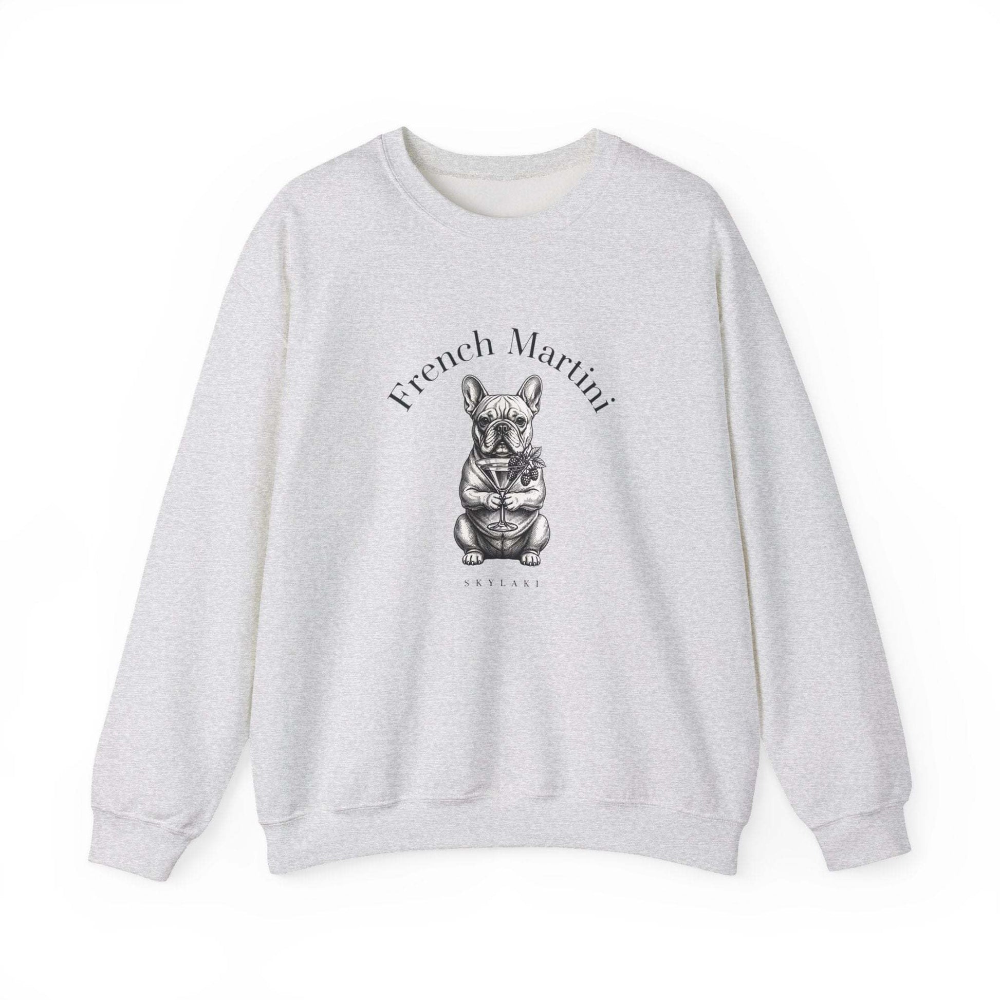 French Bulldog Martini sweatshirt with hand-drawn black-and-white design and French Martini script on soft unisex crewneck