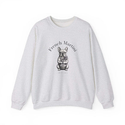 French Bulldog Martini sweatshirt with hand-drawn black-and-white design and French Martini script on soft unisex crewneck