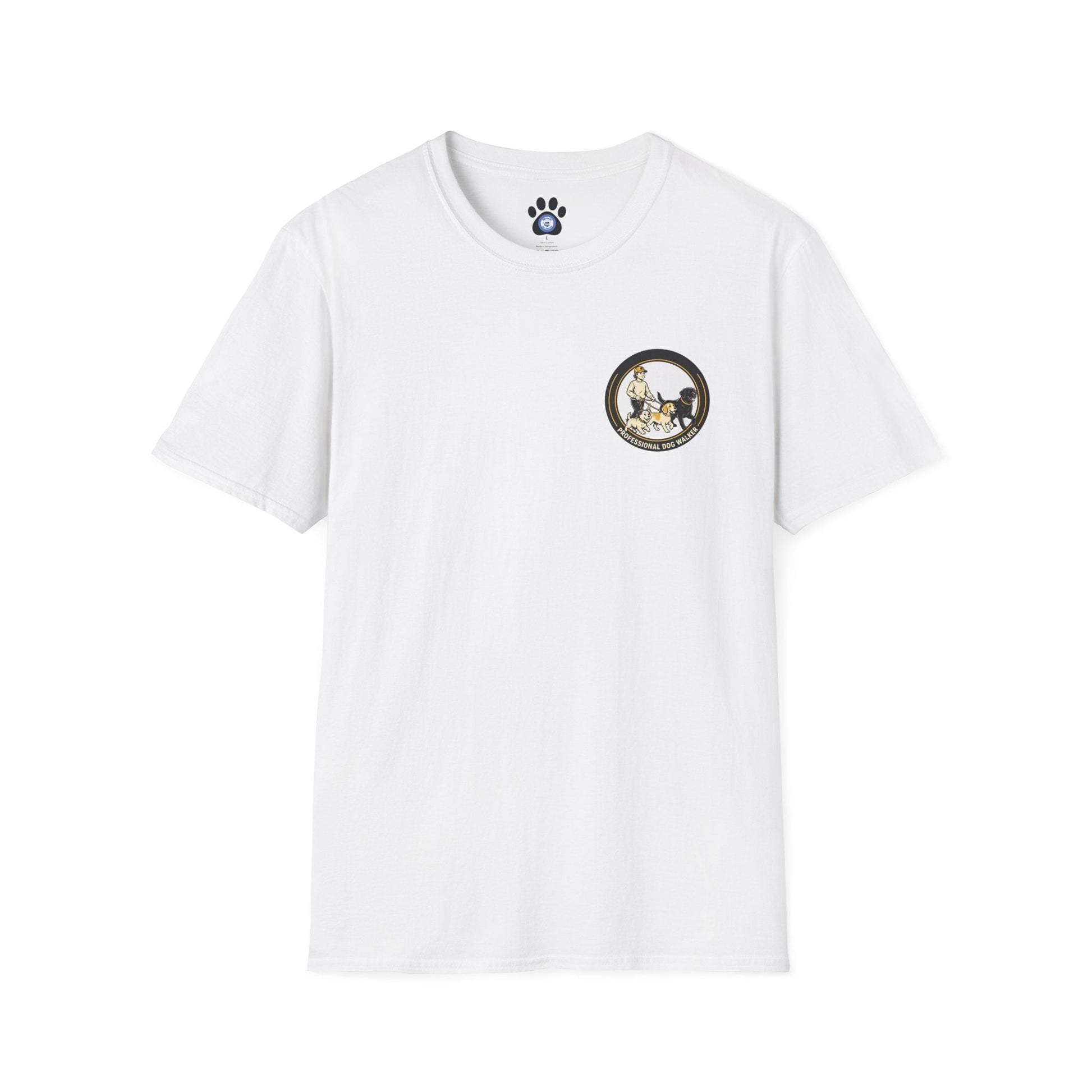 Professional Dog Walker Shirt Skylaki brand with black and white dog illustration on 100% cotton tee