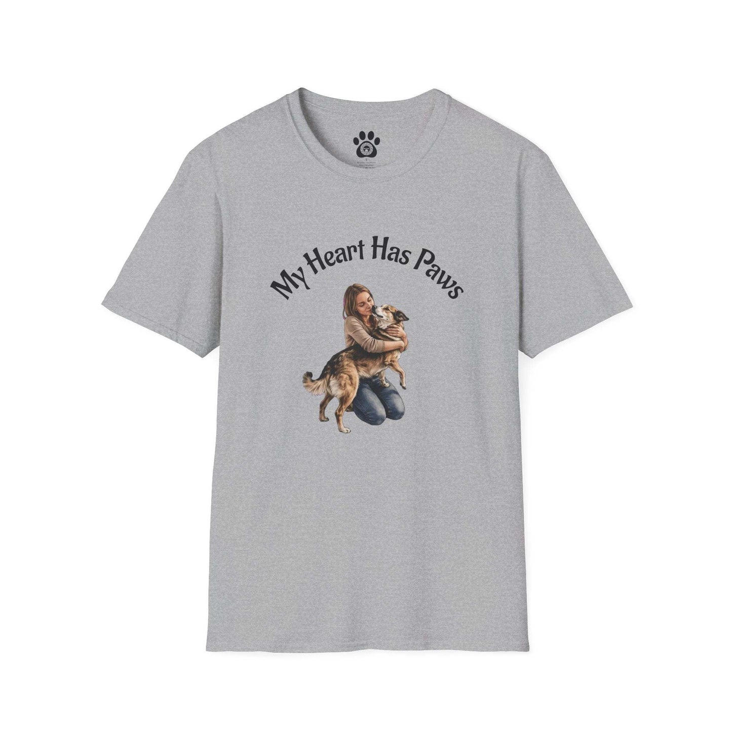 Dog Lover T-Shirt My Heart Has Paws soft cotton graphic tee with tender dog embrace design