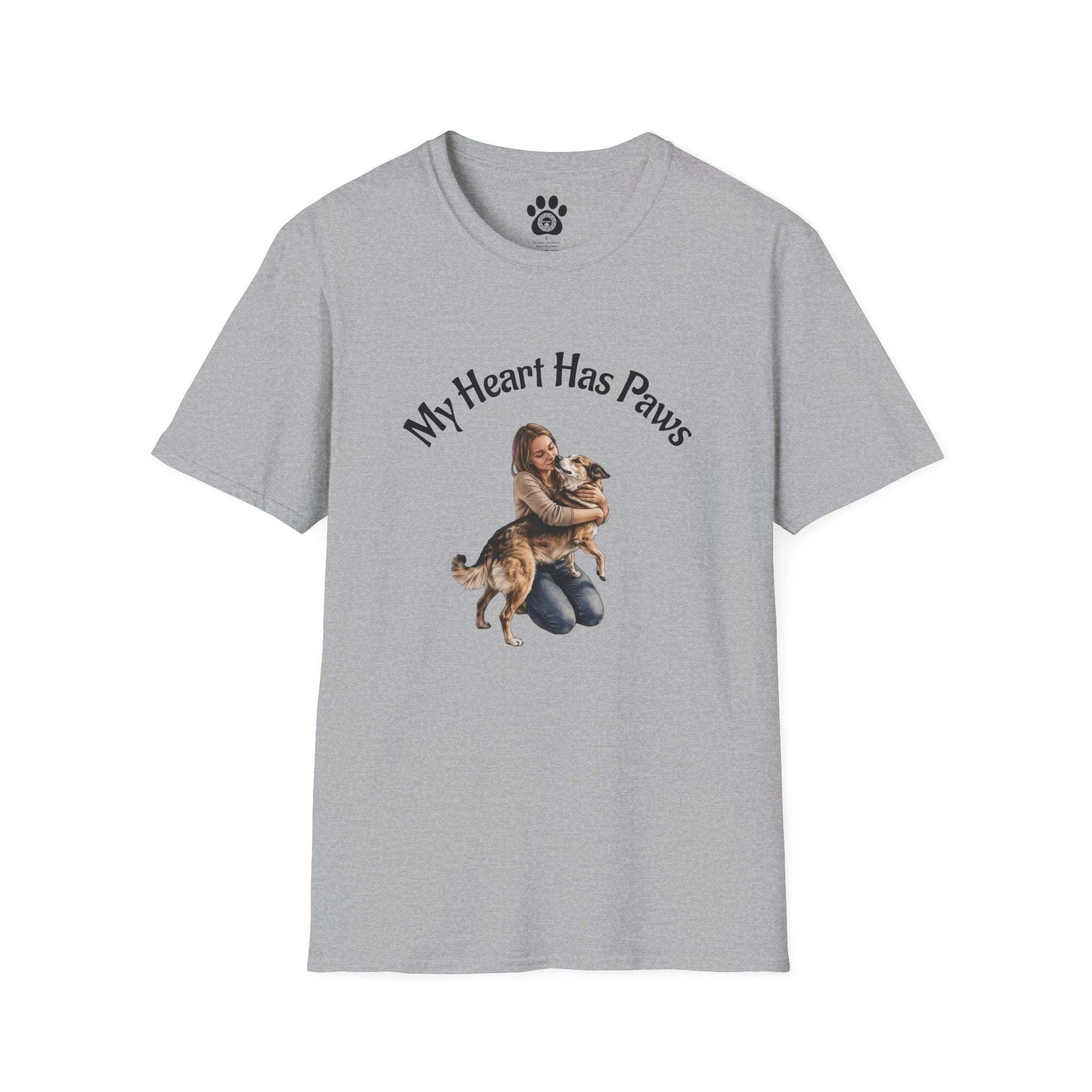 Dog Lover T-Shirt My Heart Has Paws soft cotton graphic tee with tender dog embrace design