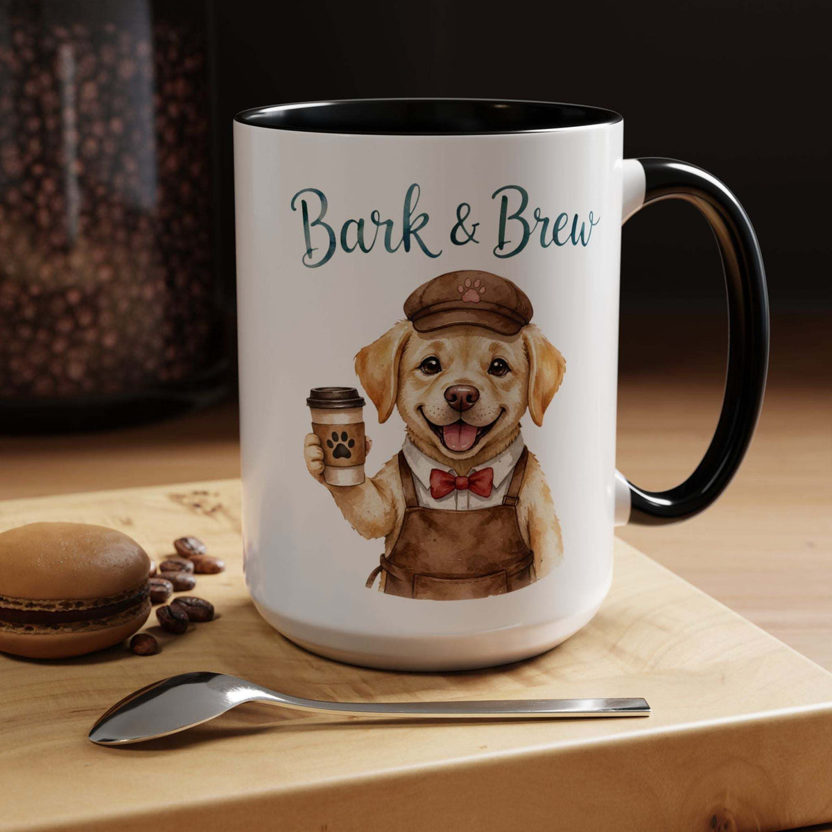 Bark & Brew coffee mug with golden retriever barista design