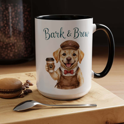 Bark & Brew coffee mug with golden retriever barista design