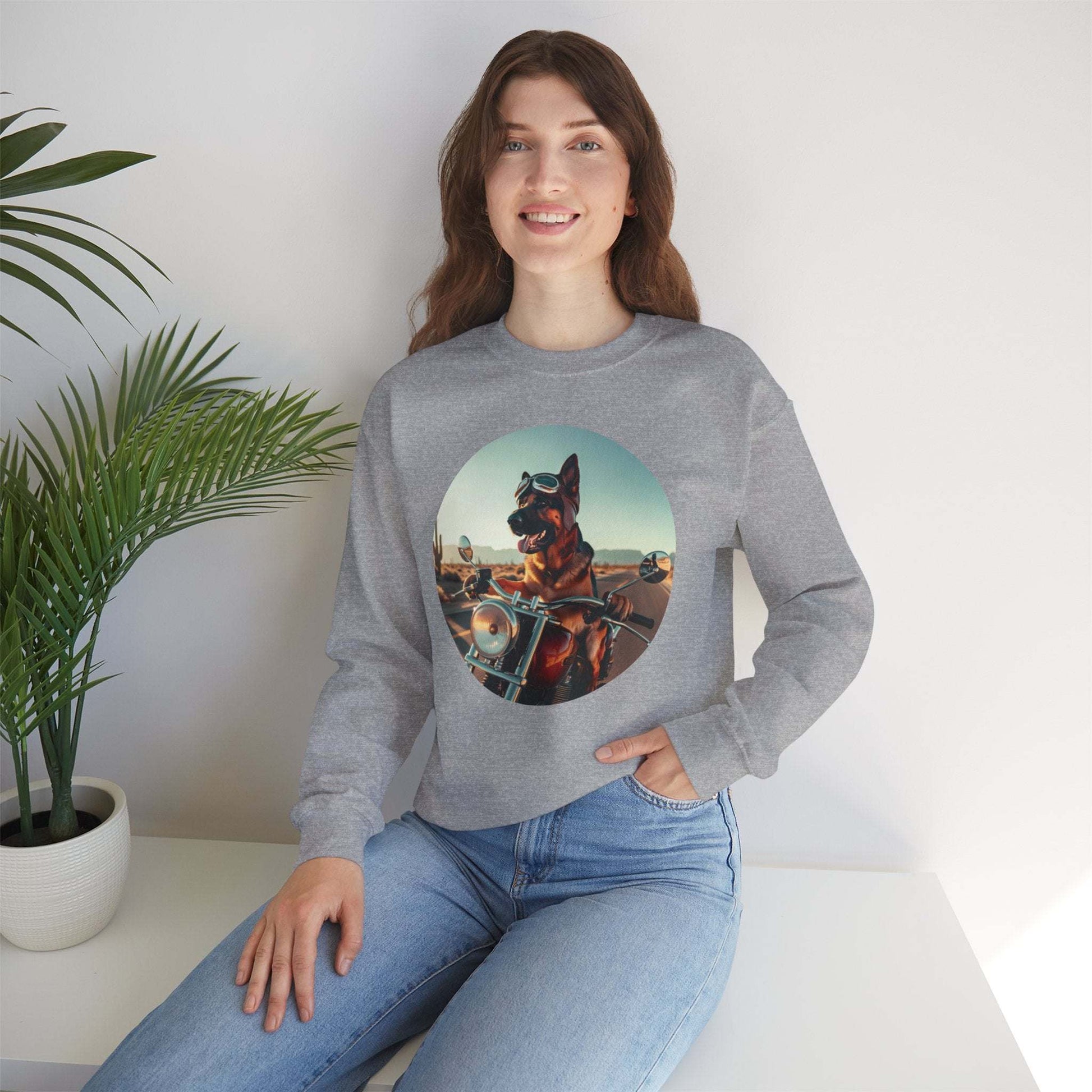 Crewneck Sweatshirt — 'Ride or Fetch' Motorcycle Dog Graphic