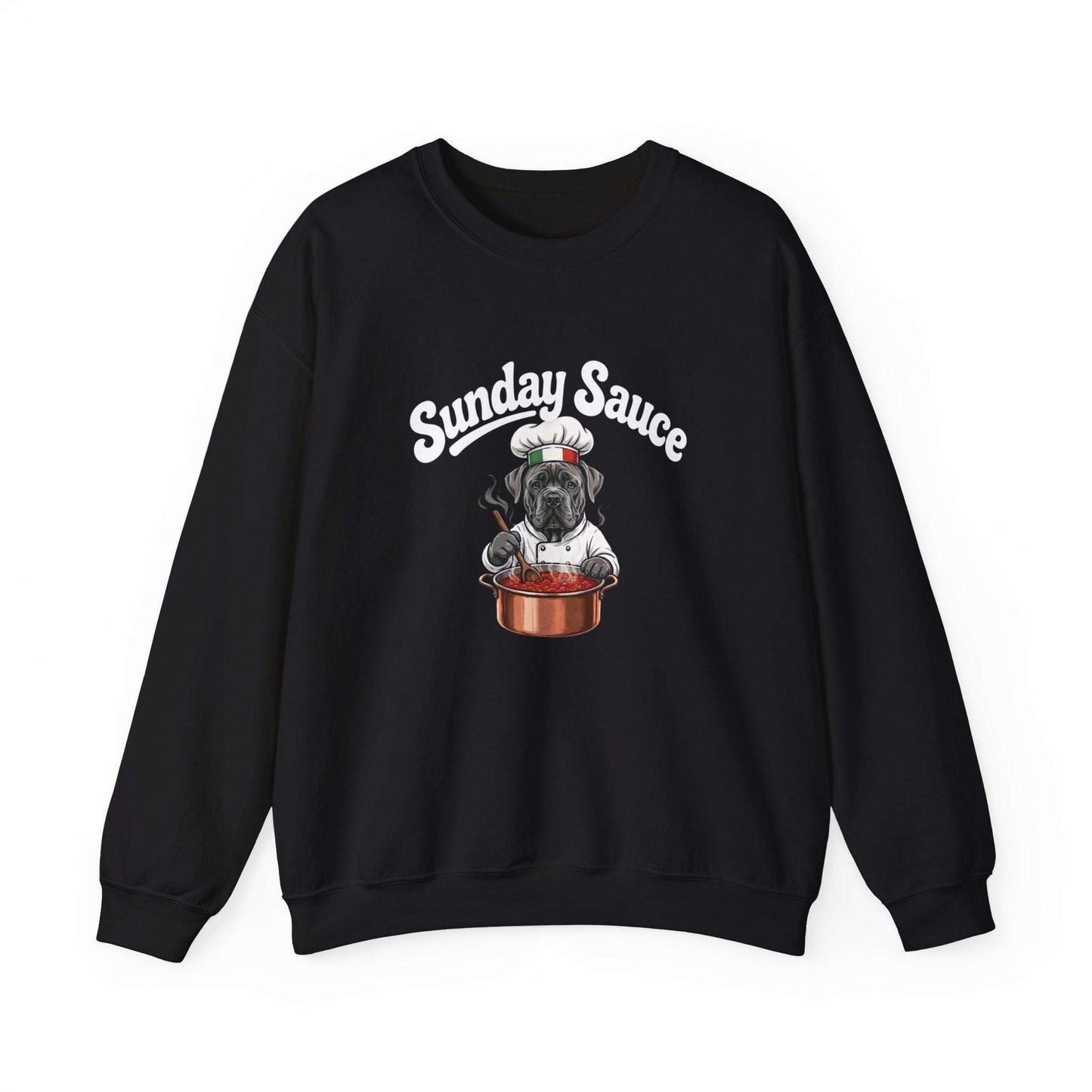 Italian dog chef sweatshirt with a cozy white crewneck and playful pup in chef's hat stirring sauce embroidery